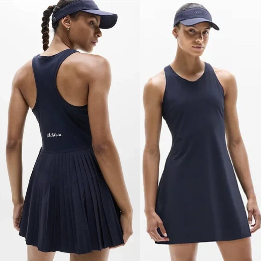 Athleta Match Point Pleated Sleeveless High Neck Tennis Dress in Navy Blue, XL - Picture 1 of 10
